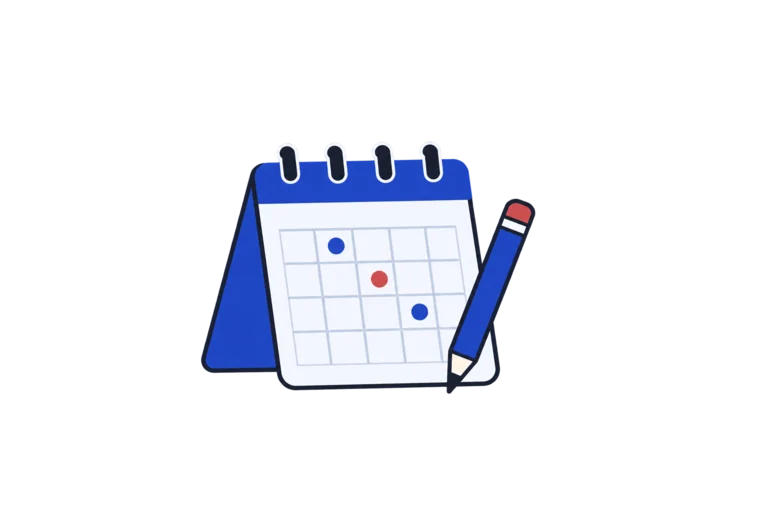 A desk calendar with coloured dots beside a pencil