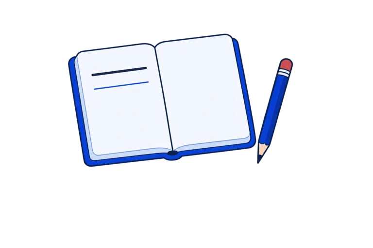 An open notebook with short lines beside a pencil