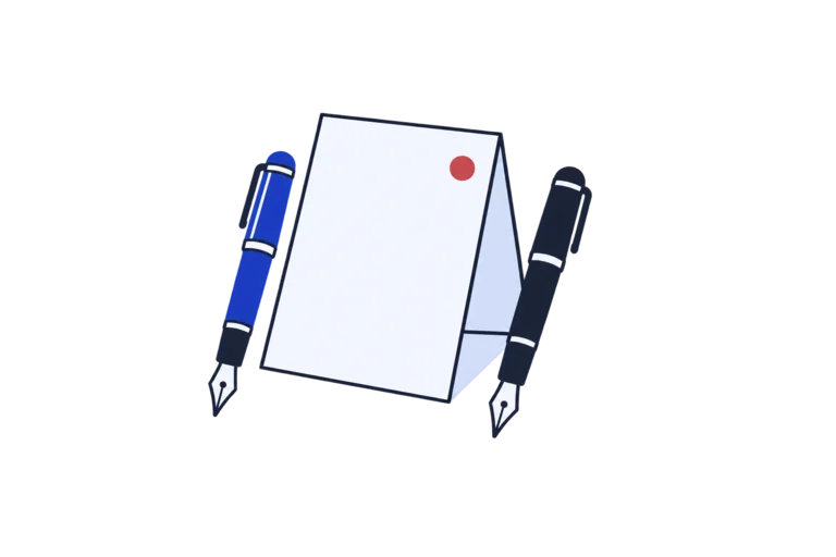 Two pens beside a blank sheet marked with a small red dot