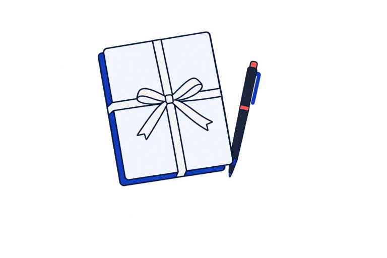 A tied bundle of blank pages beside a pen
