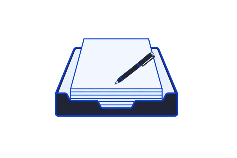 A tray of blank paper with a pen resting on top