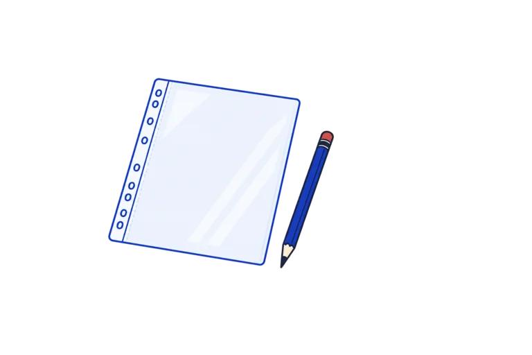 A clear punched document sleeve beside a pencil