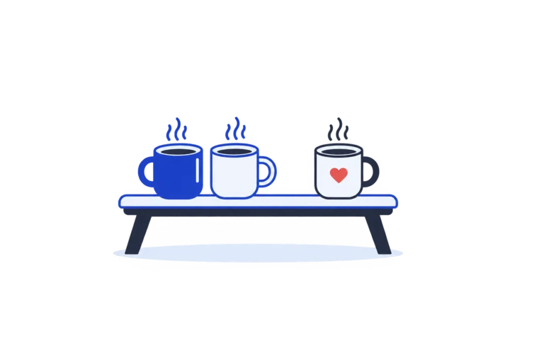 Three different steaming cups arranged on a narrow shelf